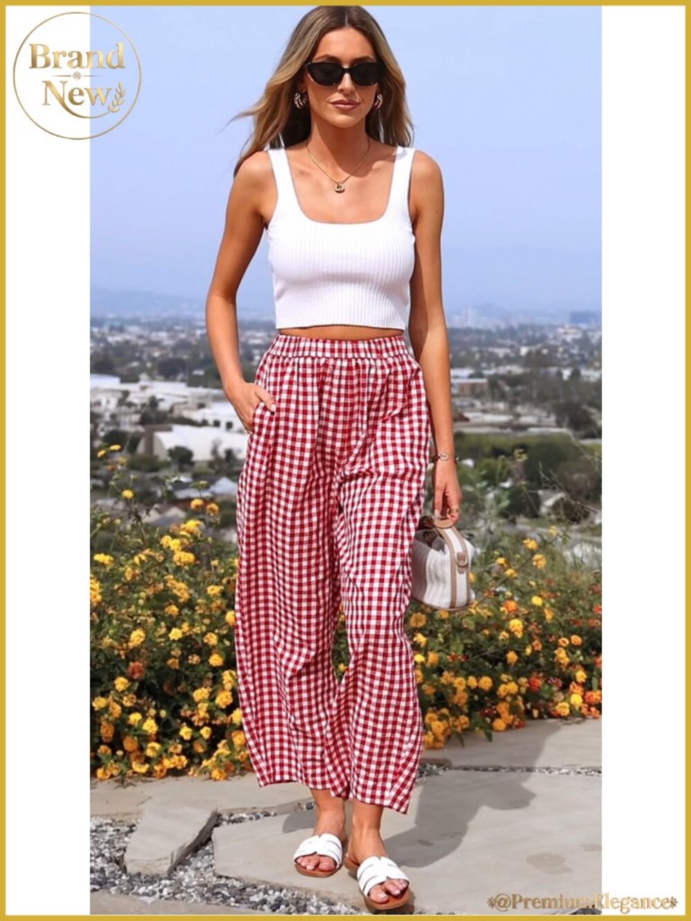 Plaid Barrel Pants Women Wide Leg Elastic Waist Casual - Picture 6 of 6
